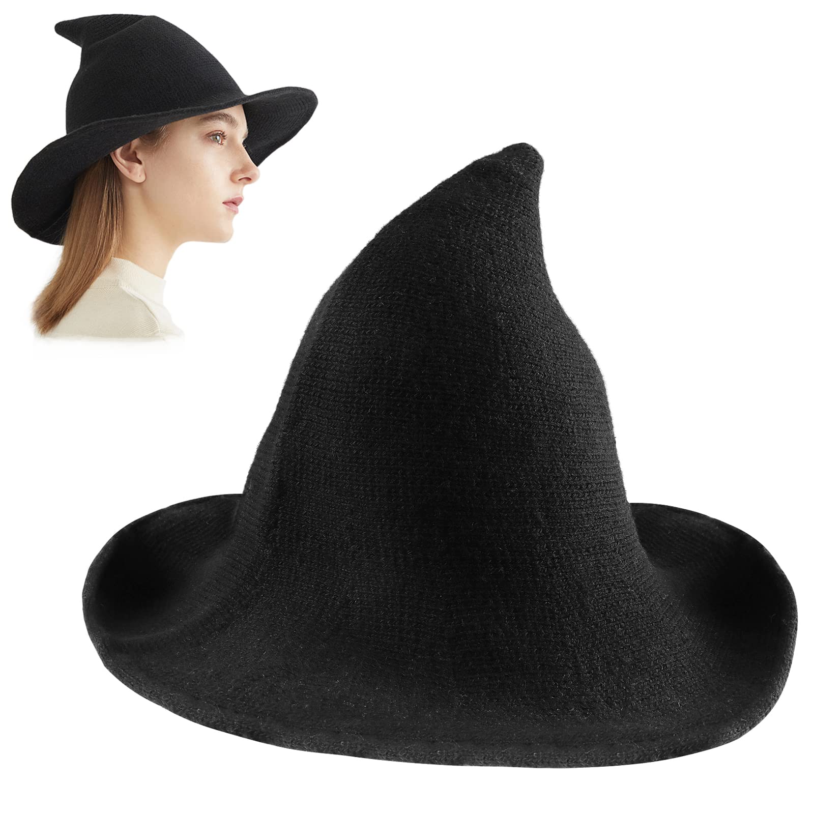 JOKBEN Witches Hats, Halloween Witch Hats for Women, Knitted Wool Wizard Hat for Adult, Black Pointed Wizard Hat Costume Accessory for Halloween Cosplay Party Decoration, M
