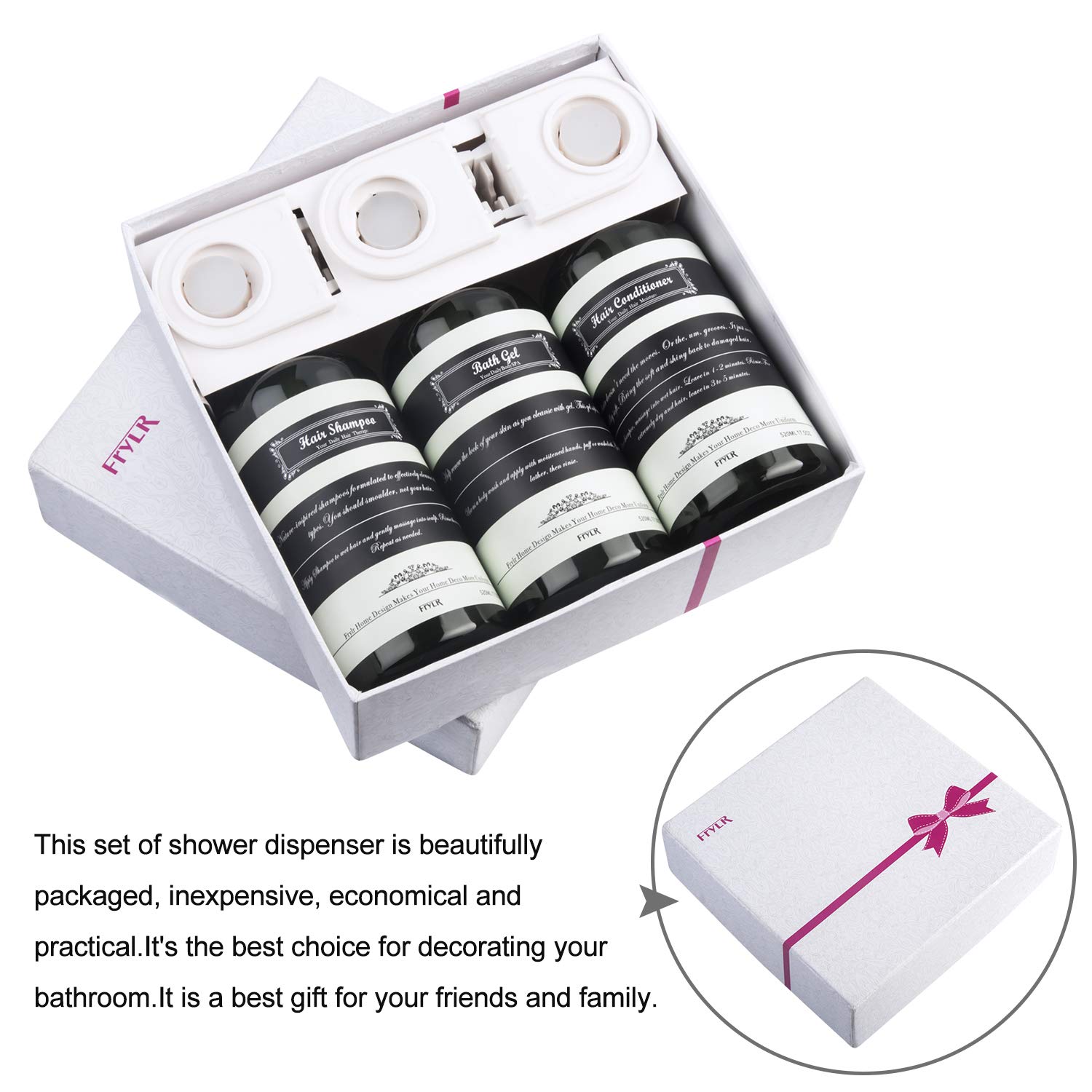 Frylr 3-Chamber Soap Dispenser (17.5 Oz) PET Plastic Bottles Water Resistant Sticker Without Drilling Wall Mount Shower Pump Dark Green Refillable Drip-Free