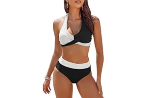AI'MAGE Womens Swimsuits Two Piece High Waisted Tummy Control Bathing Suits Color Block Criss Cross Wrap Front Bikini Sets