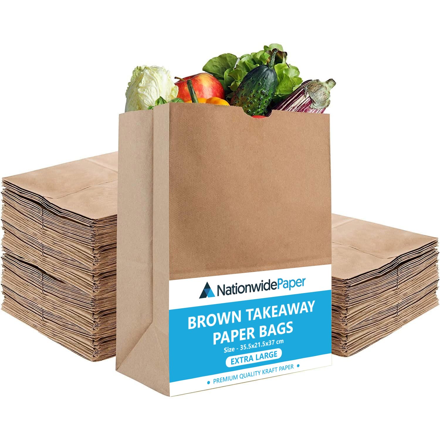Nationwide Paper Extra Large 25 Pcs Brown Paper Bags No Handles Strong Takeaway Paper Bags for Grocery, Fruits, Vegetables 35.5x21.5x37cm
