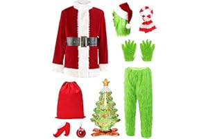 FORFAMY Green Monster Costumes Adult, 11PCS Christmas Furry Santa Suit for Men Halloween Xmas Cosplay Outfit Mask Hat