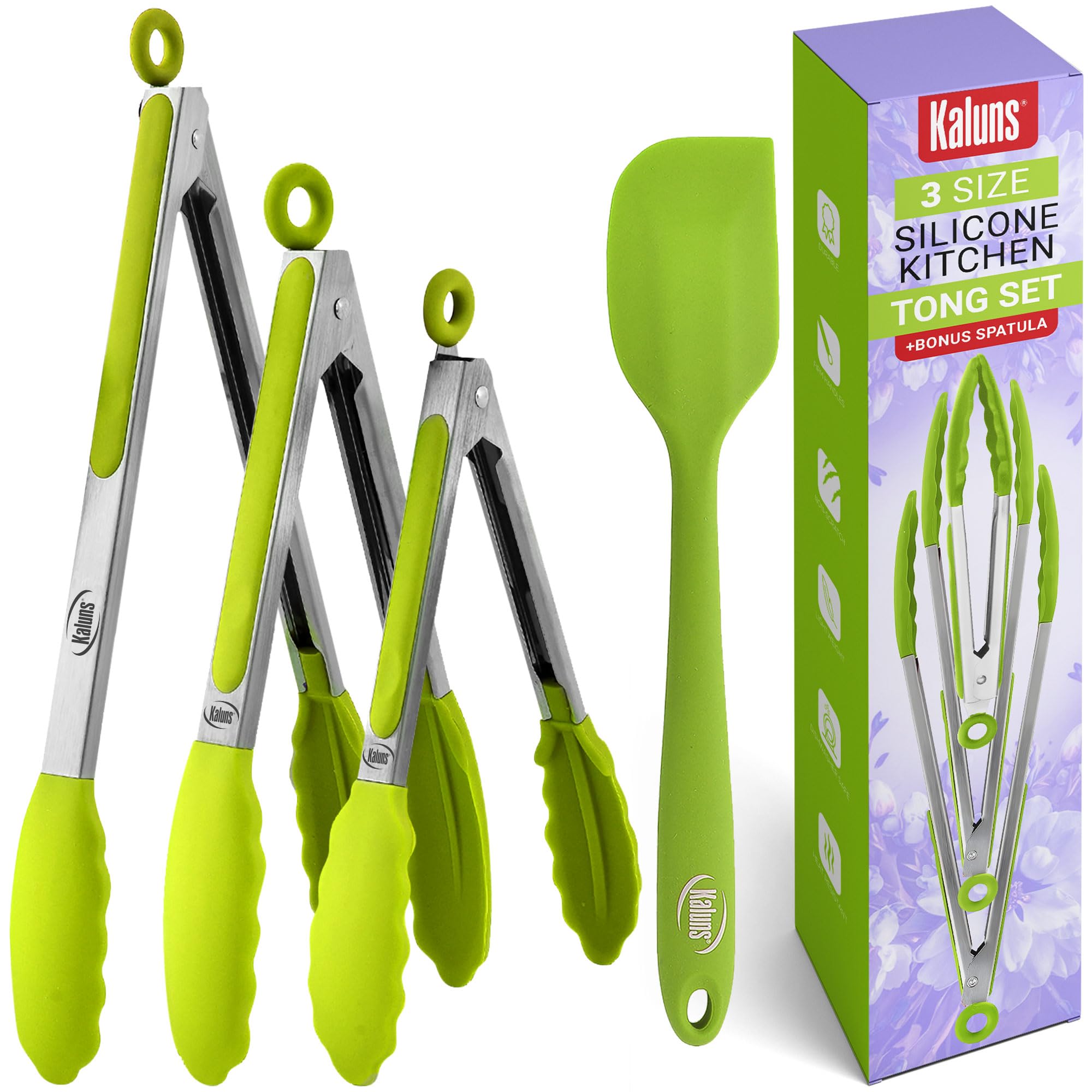 Kaluns Kitchen Tongs for Cooking, Non Stick Silicone Tip Stainless Steel Tongs, Set of Four 7,9, and 12 Inch Tong Plus Silicone Spatula Non-Stick, Heat Resistant Serving Utensils (Green)