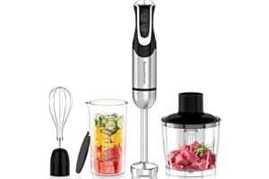 Bonsenkitchen 4-in-1 Immersion Blender Handheld with Food Processor, 12 Speeds Hand Blender with Turbo Mode, Stainless Steel 