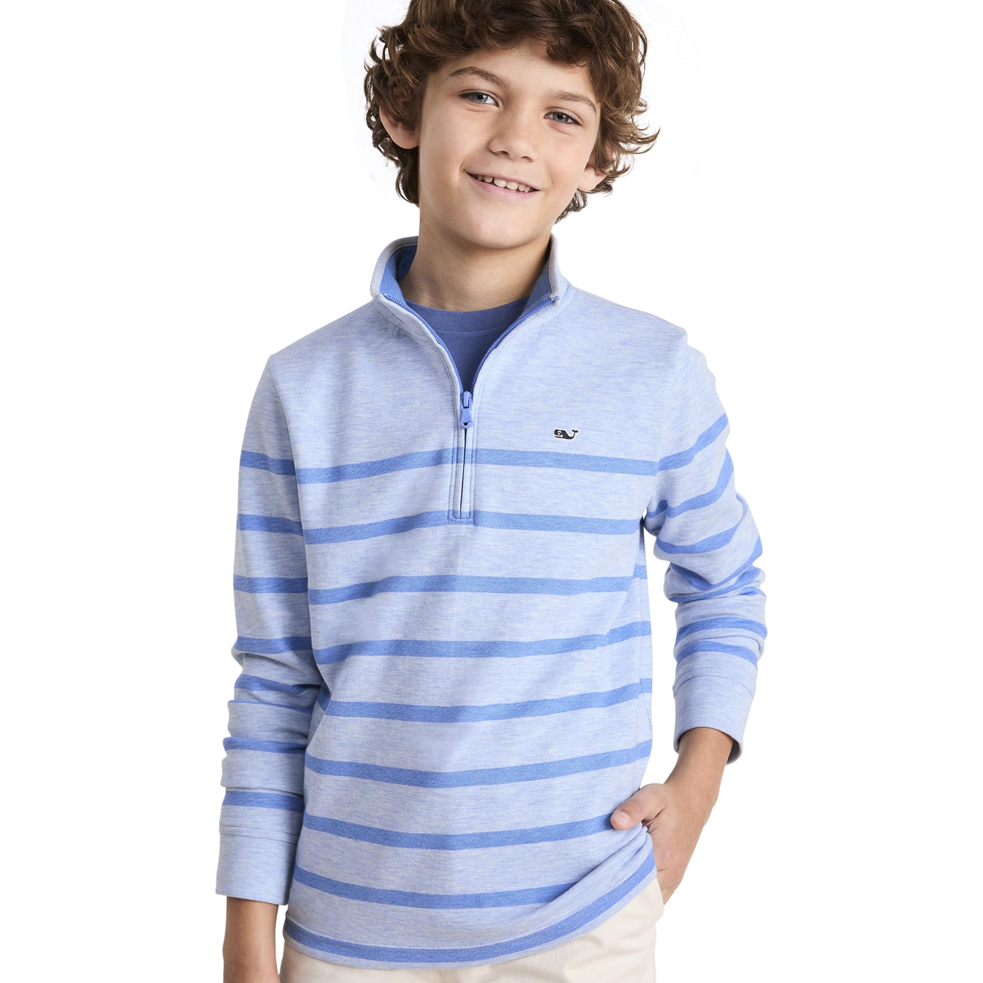 vineyard vines Boys’ Breton Stripe Saltwater Quarter-Zip, Jake Blue