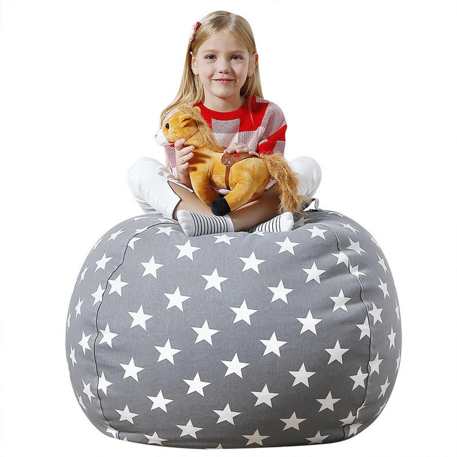 Bag Toy Storage (No Filling), Bean Bag Seat Cushion, Fillable Toy Organiser & Soft Folding Seat, Unstuffed Plush Cover for Kids Playroom & Bedroom (Star Grey, 18IN)