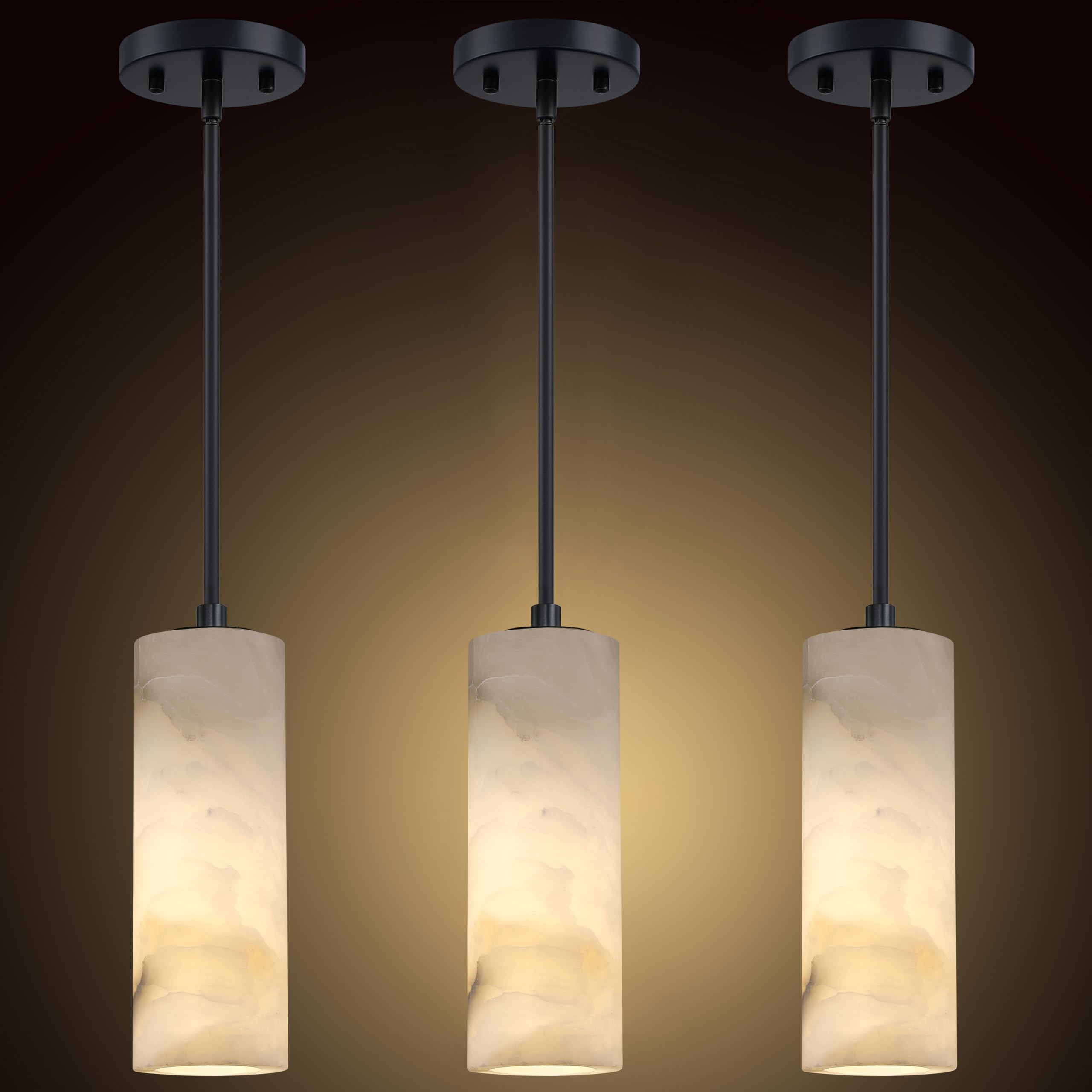 Photo 1 of RAINLIGHTING 1 Light Modern Industrial Farmhouse Hanging Kitchen Island Pendant Ceiling Light Fixture,Cylinder Natural Alabaster Marble Black Finish Over Sink Restaurant bar Corridor