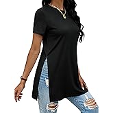 Remidoo Side Slit Tees for Women Tunic Tops Crewneck Long T Shirt Loose Fit Short Sleeve Tee