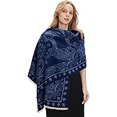 zero season Pashmina Shawl Wrap for Women Printed Scarf for Evening Dress, Wedding, Bridesmaid Gift, Formal Event, Blanket Poncho Cape Paisley Navy Blue Pattern