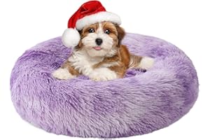 Aurako Cat Bed Dog Bed Round Cushion Pet Bed Mat Ultra Soft Plush Donut Sofa Comfortable Pillow Machine Washable Pet Cuddle Beds for Kitten Small Medium Large Dogs Cats 23" Purple and White