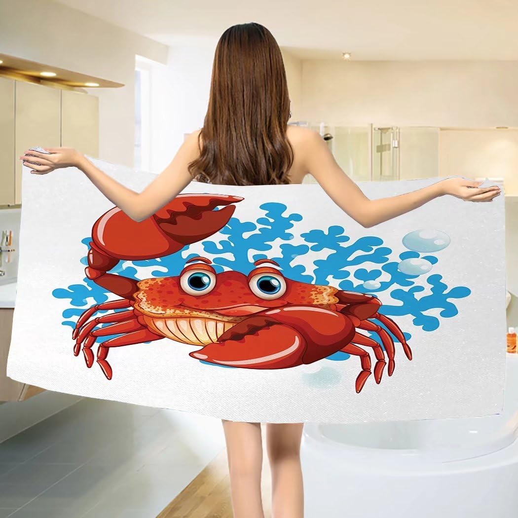 yanyanshowers Crabs Bath Towel Cartoon Style Aquatic Animal with Blue Coral Reef in The Back Marine Mascot Cotton Beach Towel Red Blue Pale Orange （55"x28"）