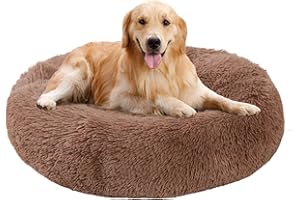 WGOOGW Calming Dog Bed, Dog Beds Fits up to 80 lbs Pets, Fluffy Donut Dog & Cat Bed Washable, Round Anti Anxiety Dog Bed, Small Dog Bed with Non-Slip Bottom (Khaki, 36" x 36")