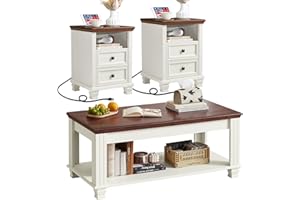 SAVOR LIFE Farmhouse Living Room Table Set,Rustic Wooden Coffee Table Set of 3,Large Coffee/End Side Tables with 2 Drawers for Living Room,White