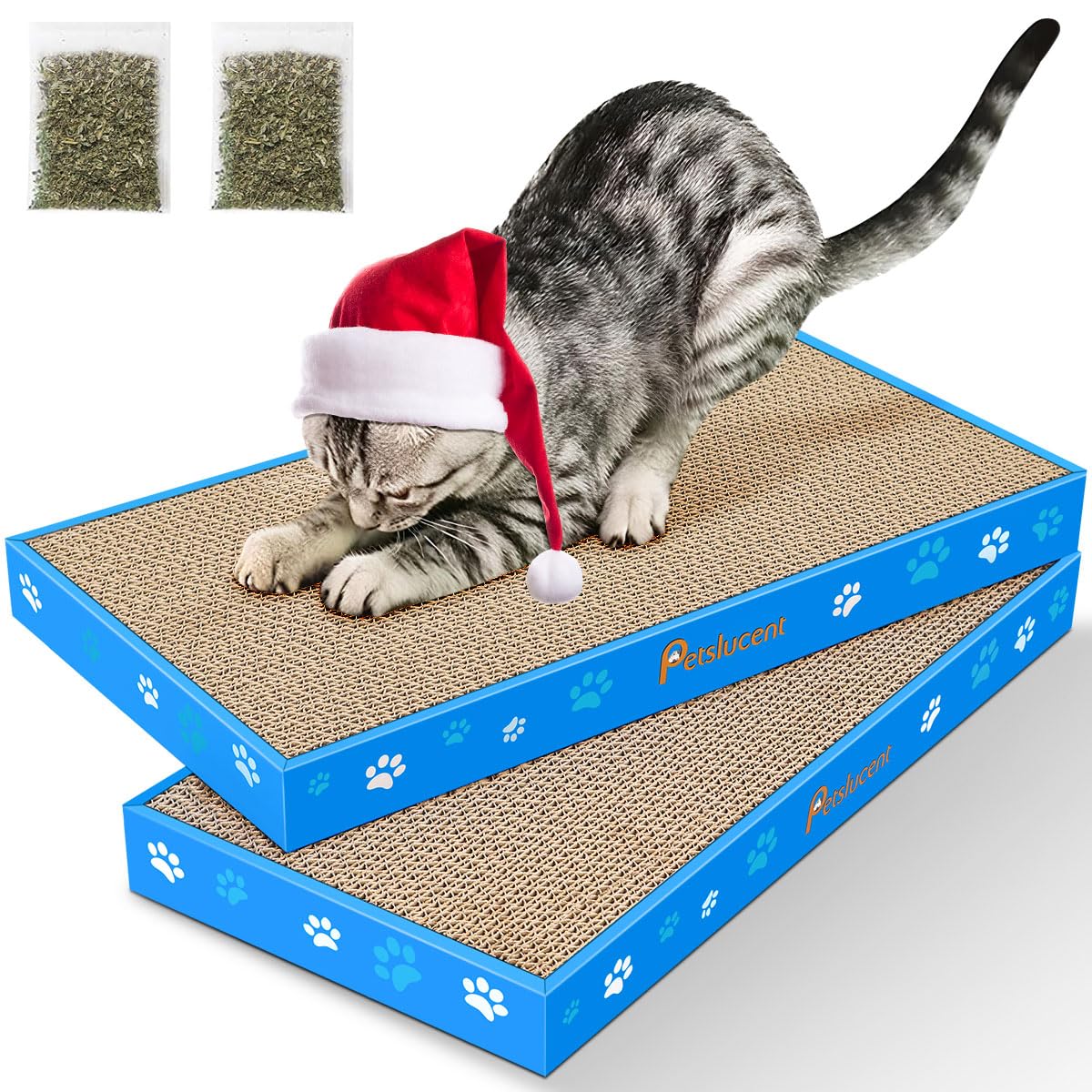 Petslucent Cat Scratching Board, Corrugate Cat Scratcher for Indoor Cats with Box, Scratch Pad with Catnip, Cardboard Double-Sided Usability (2 PCS)