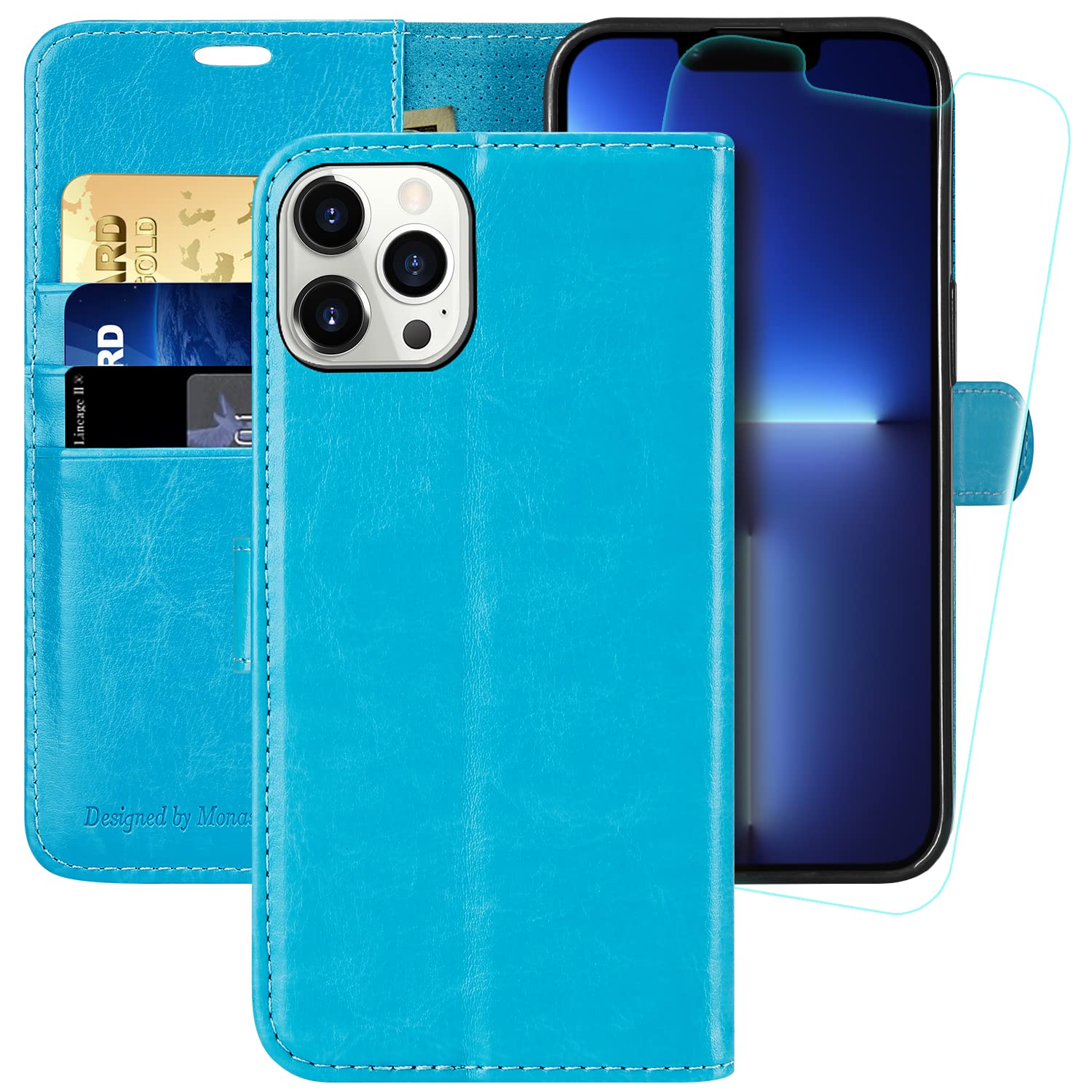MONASAY Wallet Case for iPhone 13 Pro Max 5G,6.7-inch[Glass Screen Protector Included] [RFID Blocking] Flip Folio Leather Cell Phone Cover with Credit Card Holder,Light blue