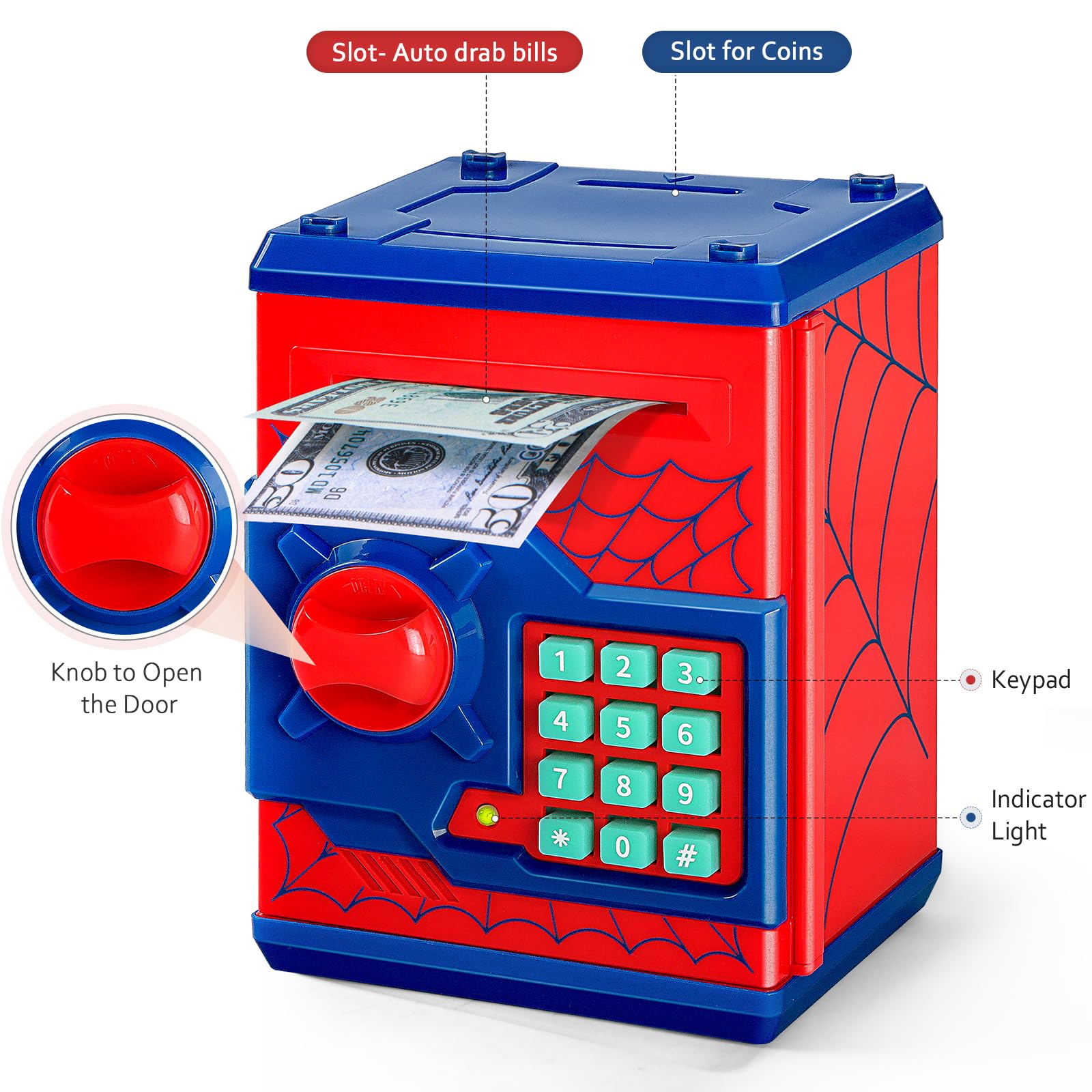ATM Piggy Bank for Boys Girls, Vcertcpl Mini ATM Coin Bank Money Saving Box with Password, Kids Safe Money Jar for Adults with Auto Grab Bill Slot, Great Gift Toy Bank for Kids S Red