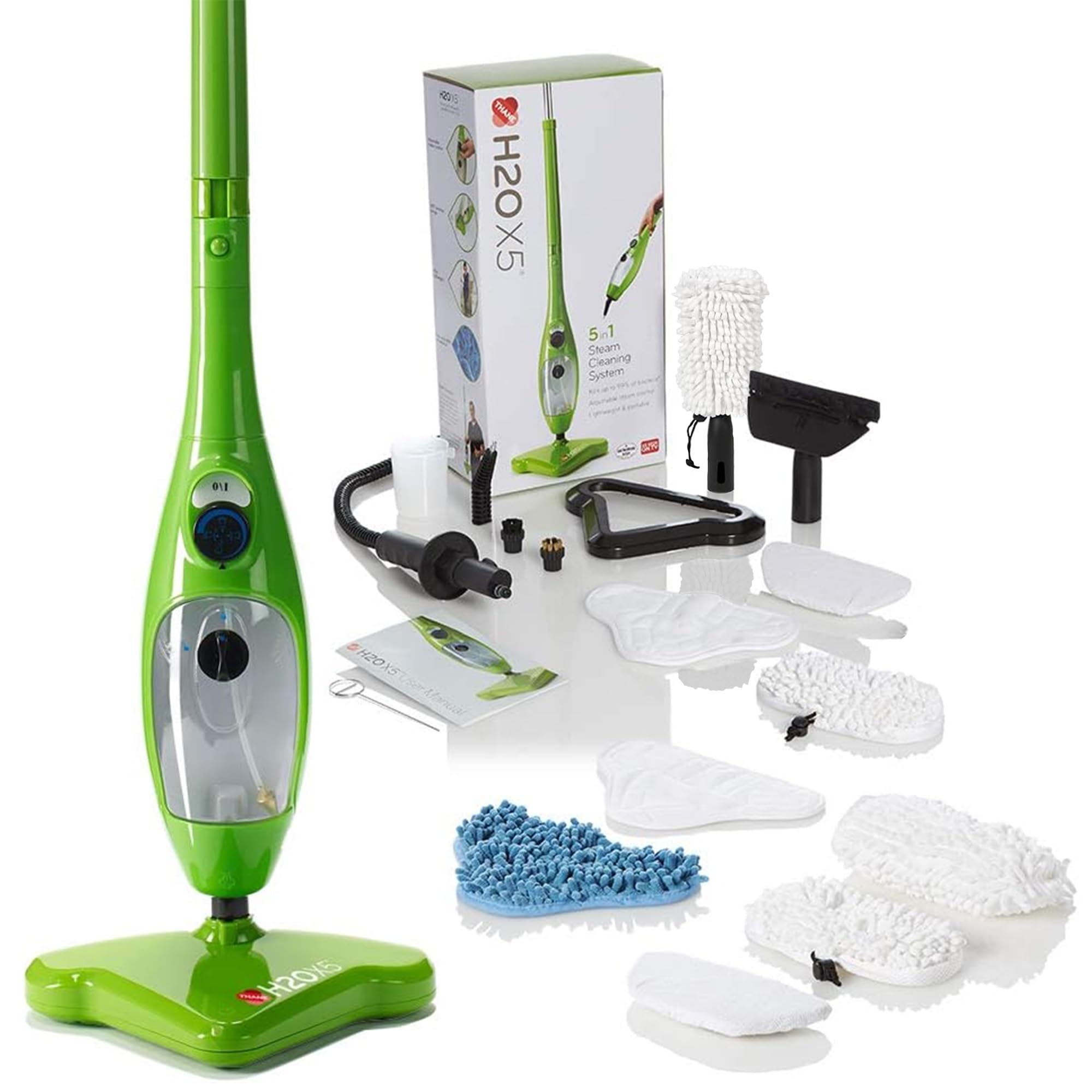 H2O X5 - Steam Mop & Handheld Cleaner - Multi Purpose, All-in-One, 1300w for Carpets, Upholstery, Clothes, Floors, Laminate (Green) (H2O X5 - Super Edition)
