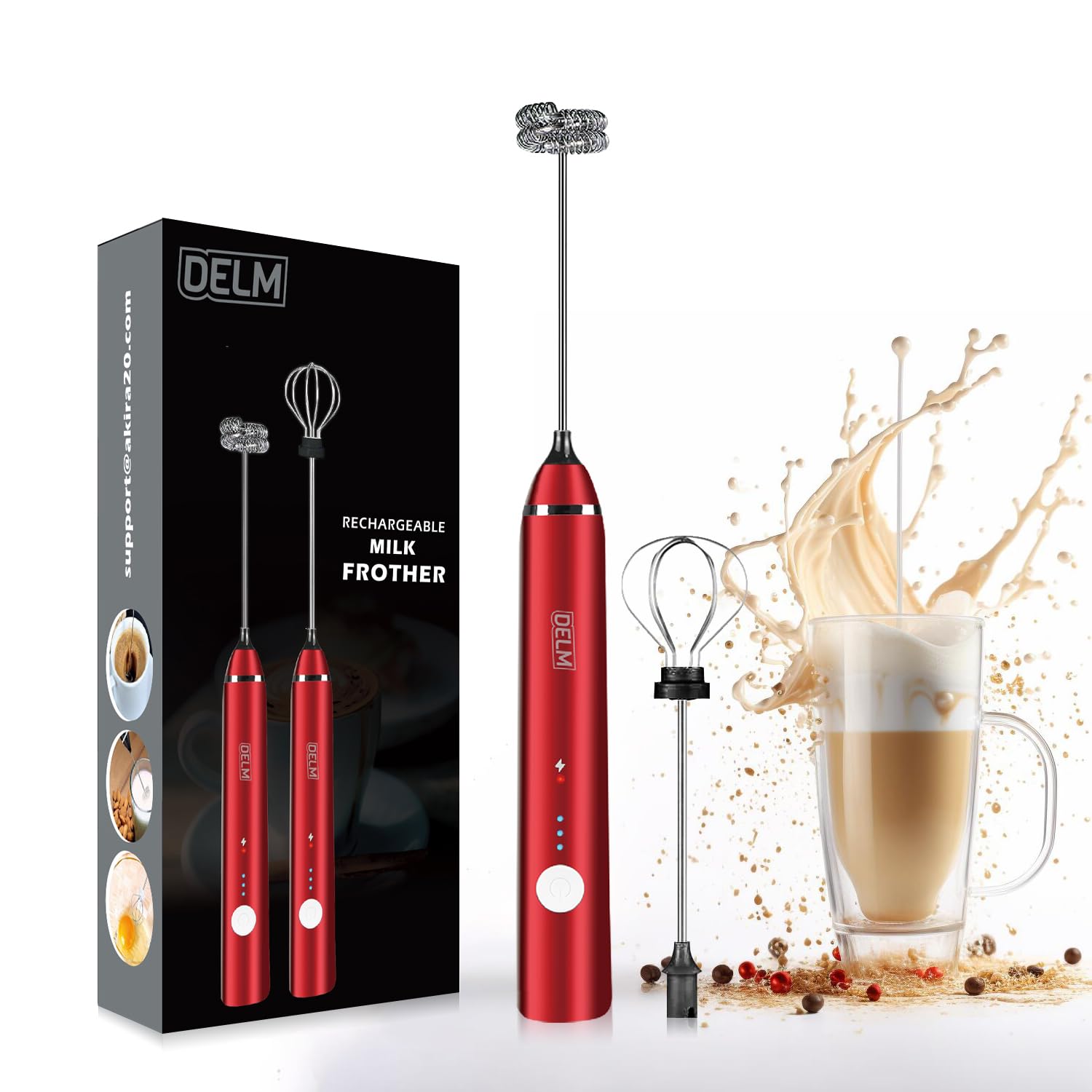 DELM Electric Milk Frother, Coffee Frother, Rechargeable, Drink Mixer, Handheld Frother, Mixer, Kitchen Aid, Hand Mixer, Electric Mixer, USB Rechargeable, Bulletproof (RED)