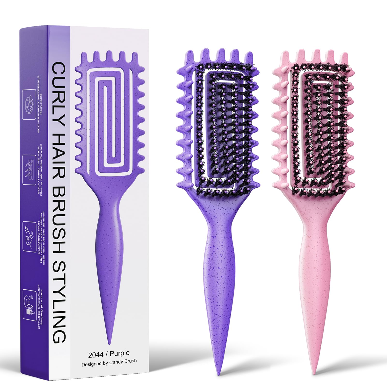 Photo 1 of 2-Pack Curly Hair Brush, Curl Defining Brush with Soft Boar Bristles Detangling Tangled Glides, Wide-Teeth Design Effortlessly Shaping & Defining Curls, Curling Definer for Wet & Dry Hair(Pink Purple)