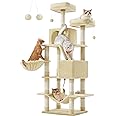 Feandrea Cat Tree, 66.1-Inch Large Cat Tower with 13 Scratching Posts, 2 Perches, 2 Caves, Basket, Hammock, Pompoms, Multi-Level Plush Cat Condo for Indoor Cats, Beige UPCT165M01