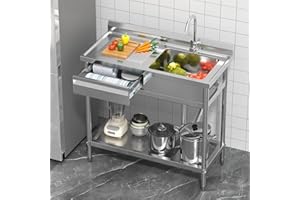 PulseFay 39" Stainless Steel Utility Sink with Left Drainboard, Freestanding Laundry Sink with Hot & Cold Faucet, 304 matte finish, Single Bowl 17"x13", Backsplash & Storage Shelf for Indoor/Outdoor