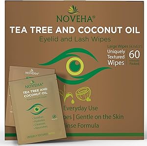 NOVEHA Augenlid- und Wimperntücher mit Teebaumöl und Kokosnuss, bei Demodex, Blepharitis und juckenden Augen, Box mit 60 Stück