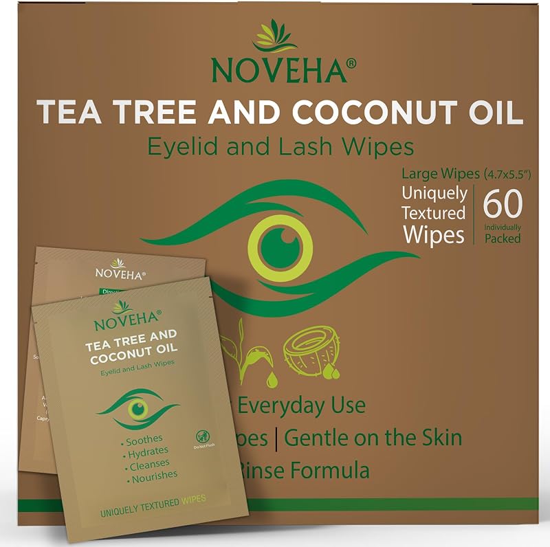 NOVEHA Tea Tree Coconut Oil Eyelid Lash Wipes 60 Count Demodex Blepharitis Itchy