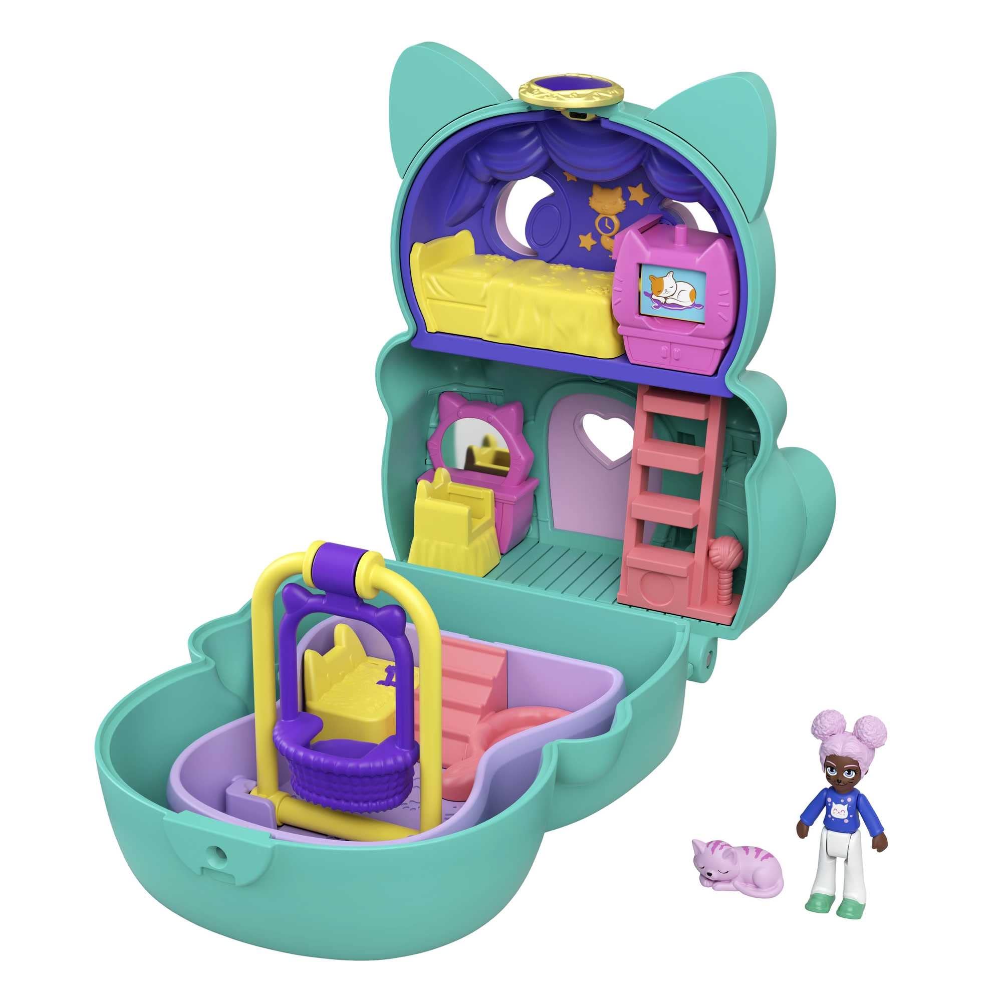 Polly Pocket GTM61​ Flip & Find Cat Compact, Flip Feature Creates Dual Play Surfaces, Micro Doll, Great Gift for Ages 4 Years Old & Up, Multicolor, 19.0 cm*5.0 cm*7.7 cm