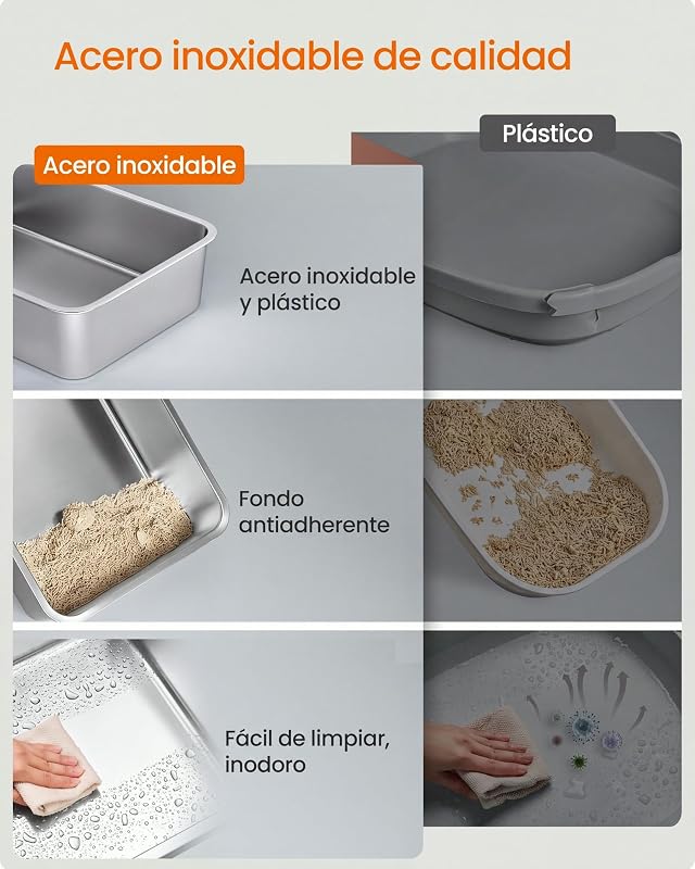 Areia para gatos, aço inoxidável para gatos com tampa rebatível, cinzento-pomba