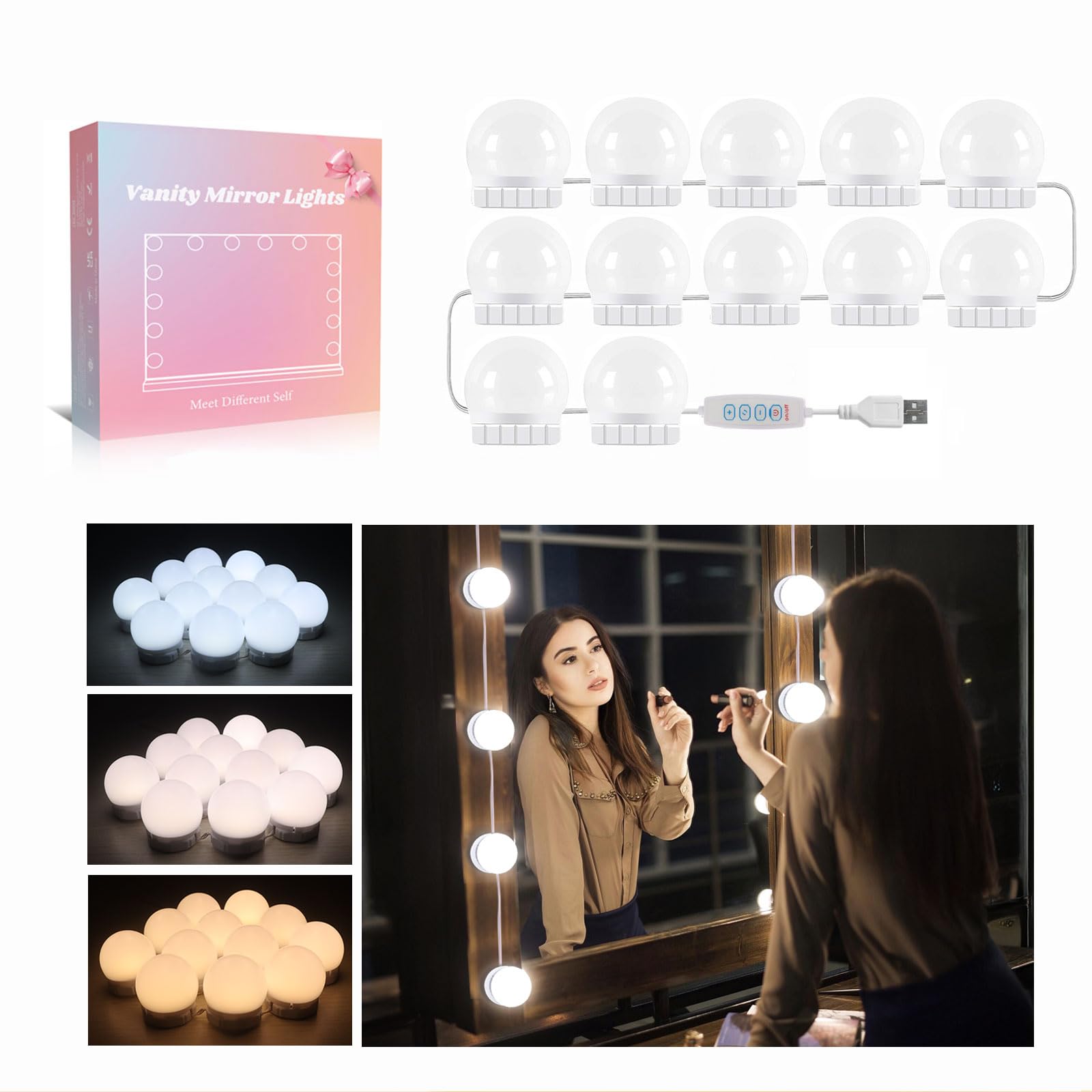 Akynite Vanity Mirror Lights 12 Bulbs Hollywood Style with USB Cable, 3 Colour Changing & 10 Brightness, LED Vanity Lights Stick On for Dressing Table & Make Up (No Mirror & USB Adapter)