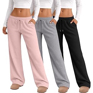 Huukeay 3 Pack Women's Wide Leg Lounge Sweatpants | Low Rise, Drawstring Waist, Baggy, Pants for Women, Pockets, Casual, Stra