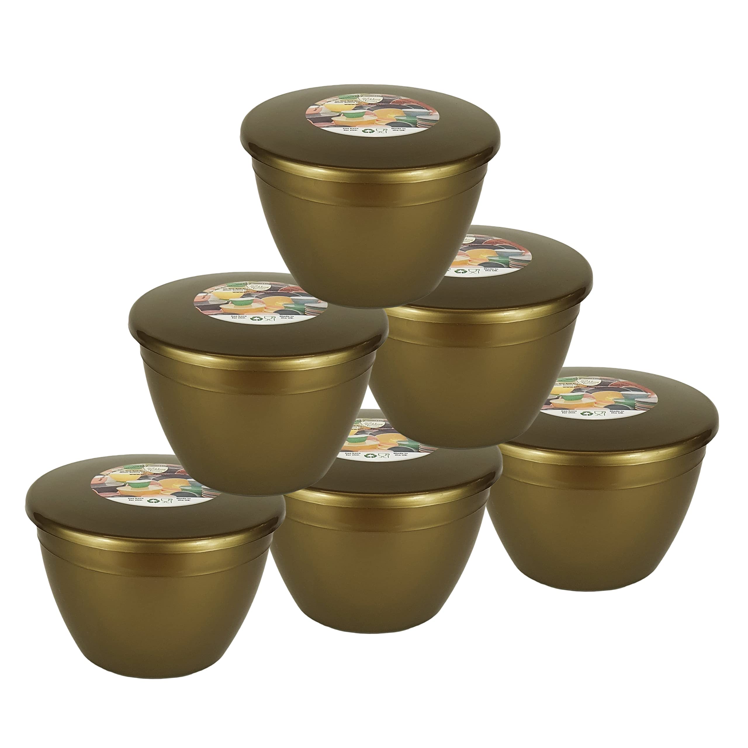 Just Pudding Basins Gold Coloured 1 Pint 570ml, Reusable Plastic Bowl with Clip-On Lids for Steamed Desserts, Cookware Moulds for Baking, 6 Pack