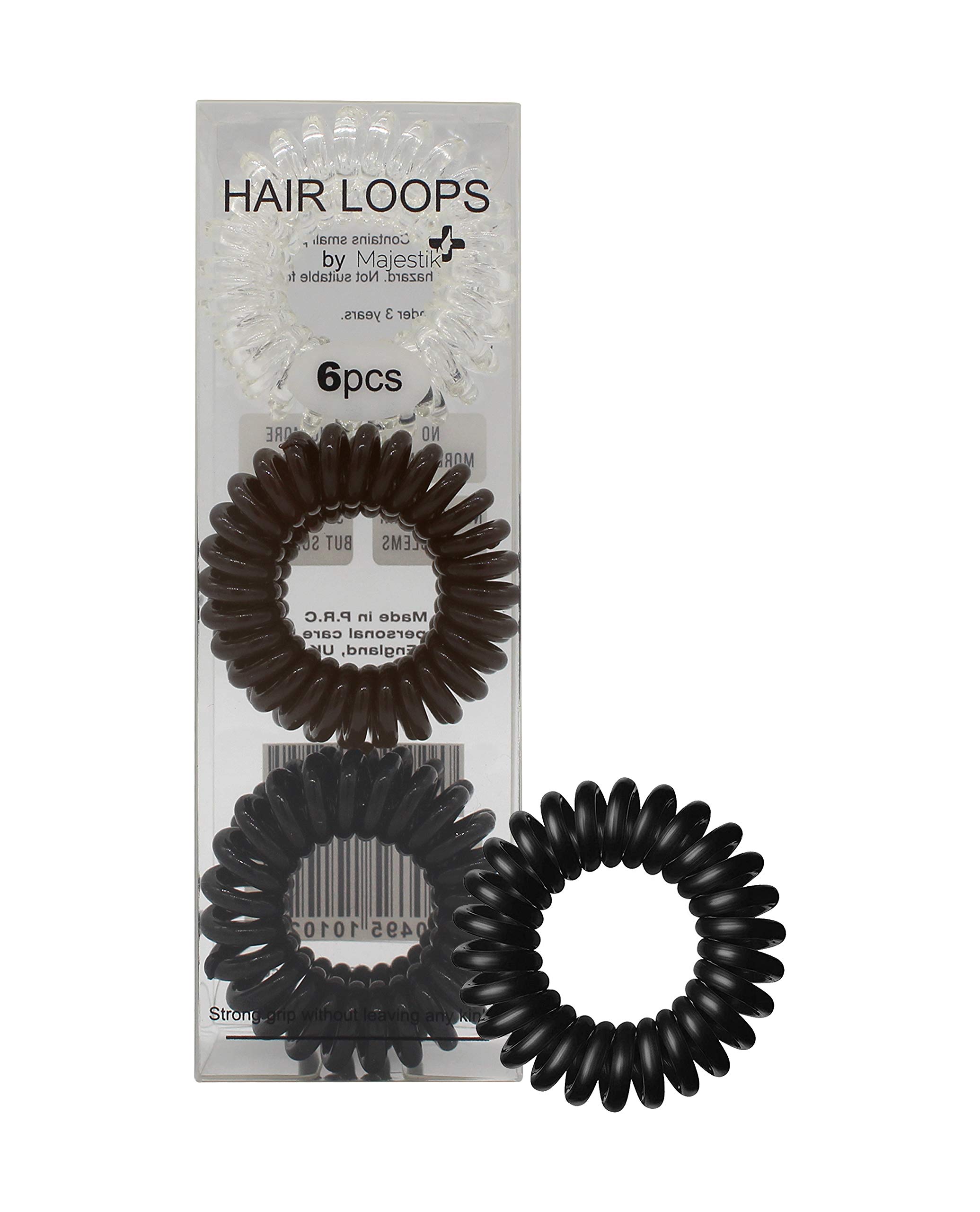 Hair Loops 6Pcs Black Brown Clear Spiral Hair Ties No Crease Elastic Ponytail Holders Phone Cord Traceless Hair Bobble Ring Rubber Bands Suitable for All Hair Types By Majestik+