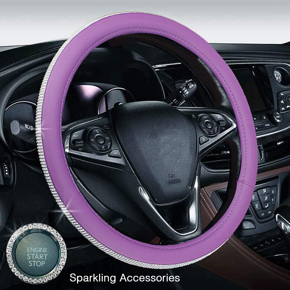 Crystal Steering Wheel Cover,GES Univeral Rhinestone Diamond Leather Steering Wheel Set 15" Female Anti-skid Wheel Steering Wheel Cover + Key Start Ring (Purple)