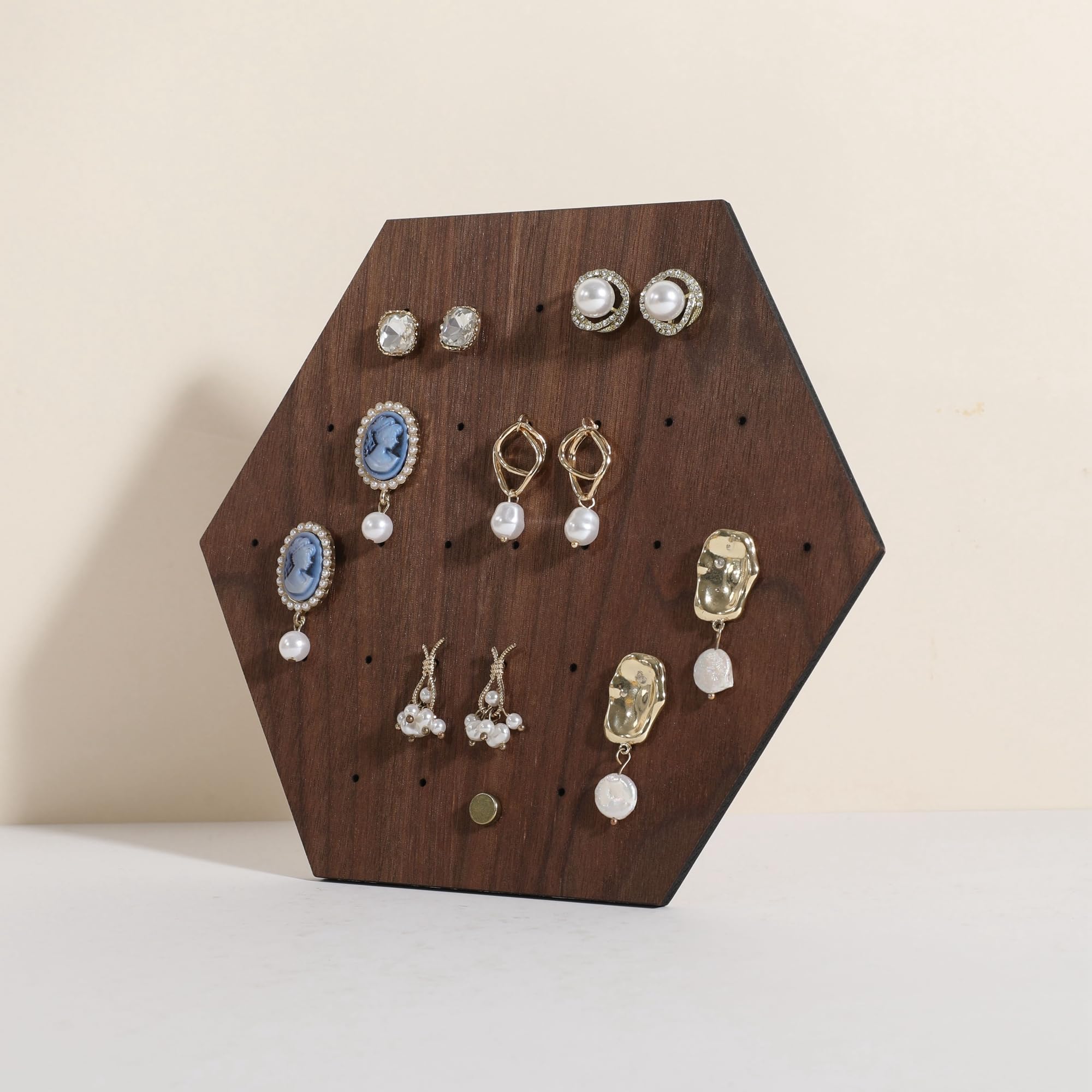 Photo 1 of GemeShou Walnut earring organizer board, Hexagon sharp earring display stand for selling, Wooden small studs earring display holder, jewelry earring storage stands?Earring board-Hexagon?