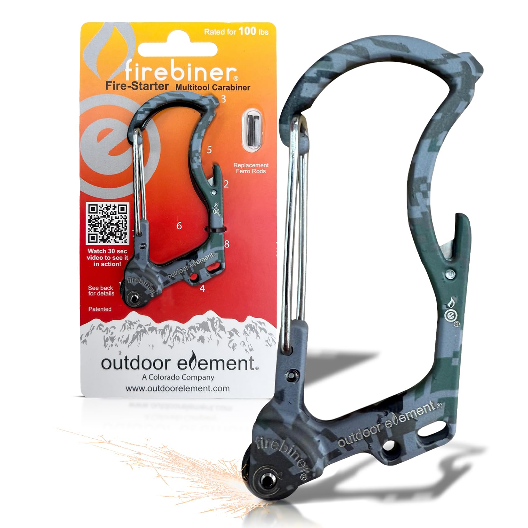 OUTDOOR ELEMENT Beige Camo Firebiner, Fire-Starting, Multitool, Everyday Carry, Survival Carabiner