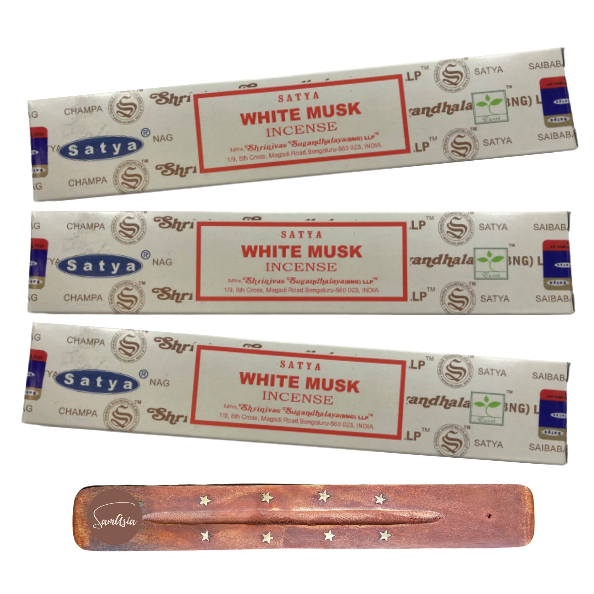 Satya Nag Champa White Musk Incense Sticks | x3 pack | with SAMASIA incense sticks holder | Used for Aromatherapy, Spa, Yoga, Weddings, Meditation, Healing, Positivity and Relaxation