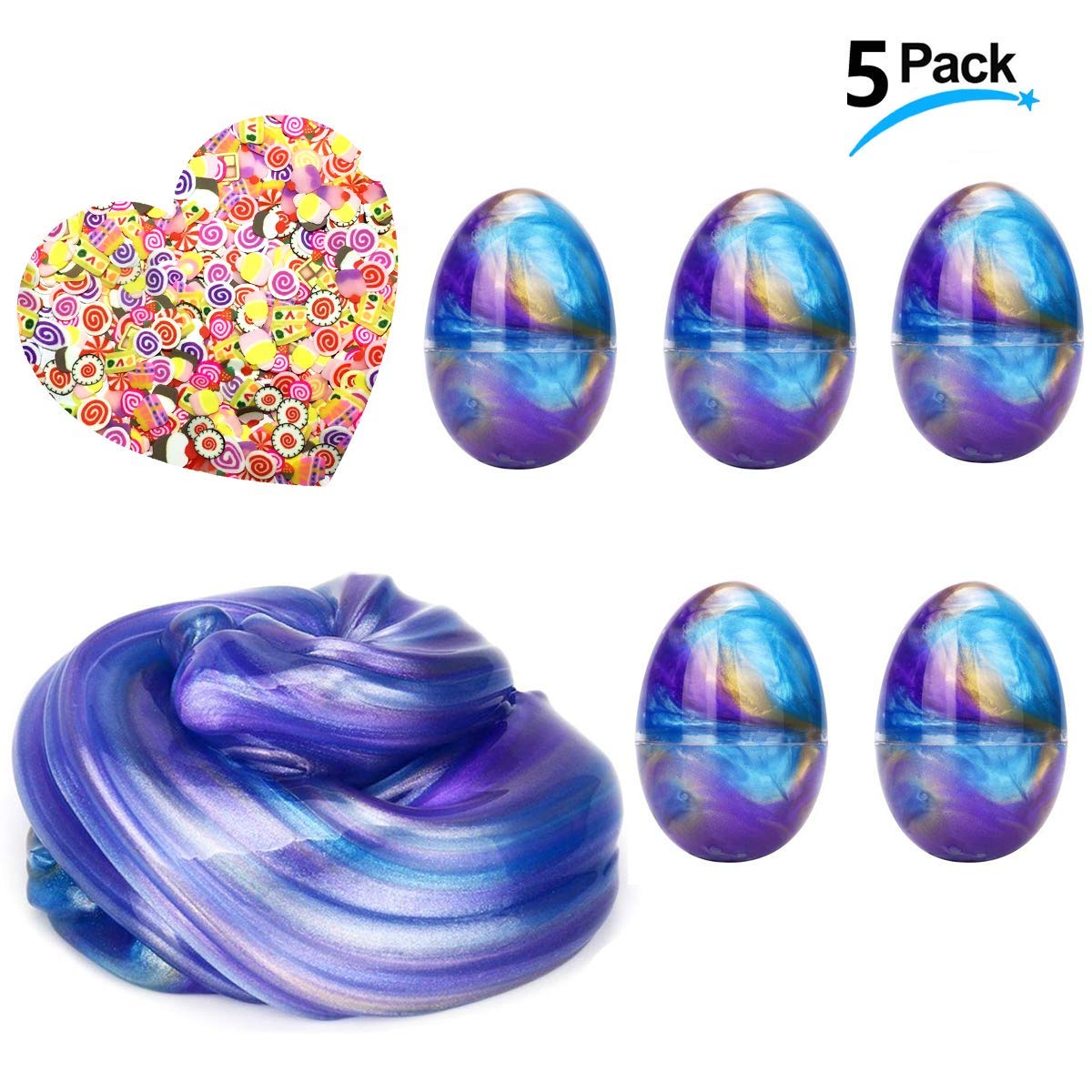 LAWOHO Fluffy Slime 5 Pack Colorful Clay Toys with Food Pieces Stress Relief Toy for Kids/ Adults Birthday Gift Party Favors Rewards Bonus