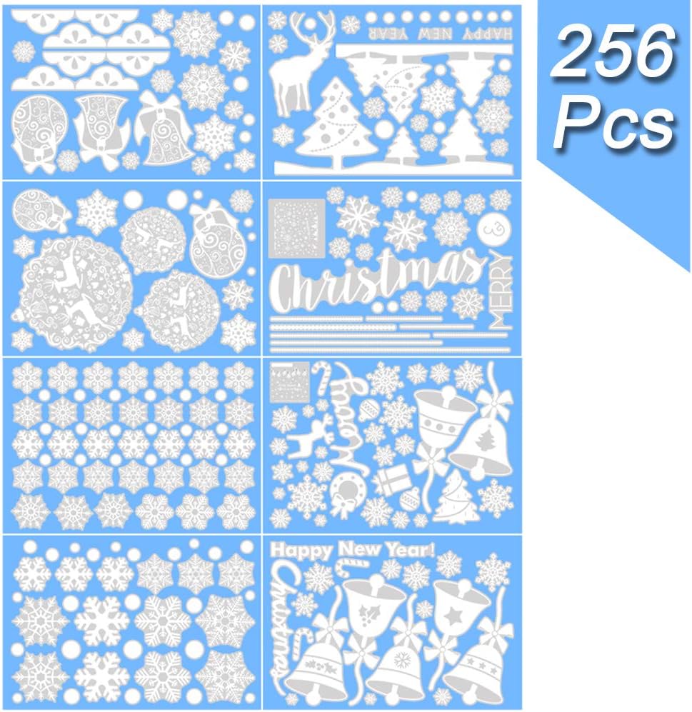 ENTHUR 256 pcs Christmas Snowflake Window Clings Decorations White Baubles/Bells Decal Stickers Winter Wonderland Xmas Party Decorations Ornaments Supplies (8 Sheets)