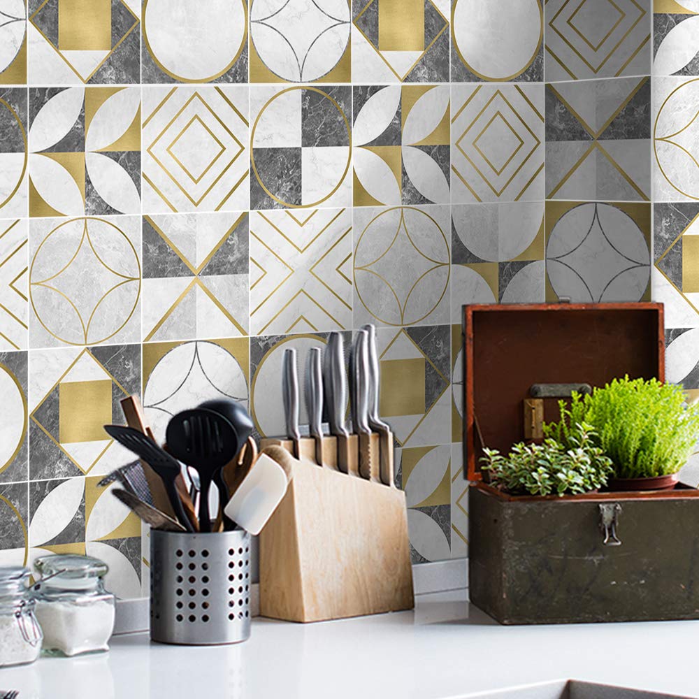 Floor Wall Tile Transfers Sticker for Home Decor, Peel & Stick self-Adhesive splashback, Tile Decals for Living Room Kitchen Bathroom Decor,15X15cmX 10 Pcs, Golden Grey White Marble Tile Sticker
