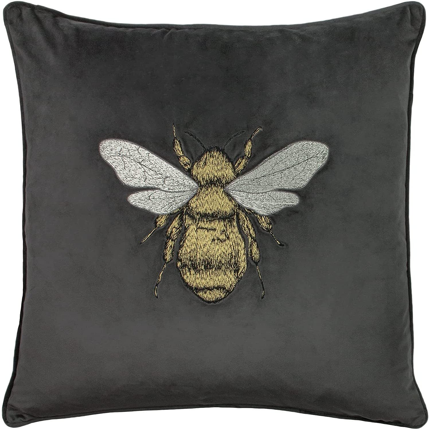 Paoletti Hortus Cushion Cover – Bee Embroidered, Luxurious Velvet Accent, Square Cushion Cover (Dark Grey Charcoal – 50x50 cm)