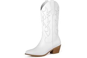OUEPIANO Women's Cowgirl Embroidered Western Cowboy Boots, Mid Calf Booties Pointed Toe Chunky Heel 5cm Pull On Fashion Design Western Boots for Ladies, Party and Outdoor