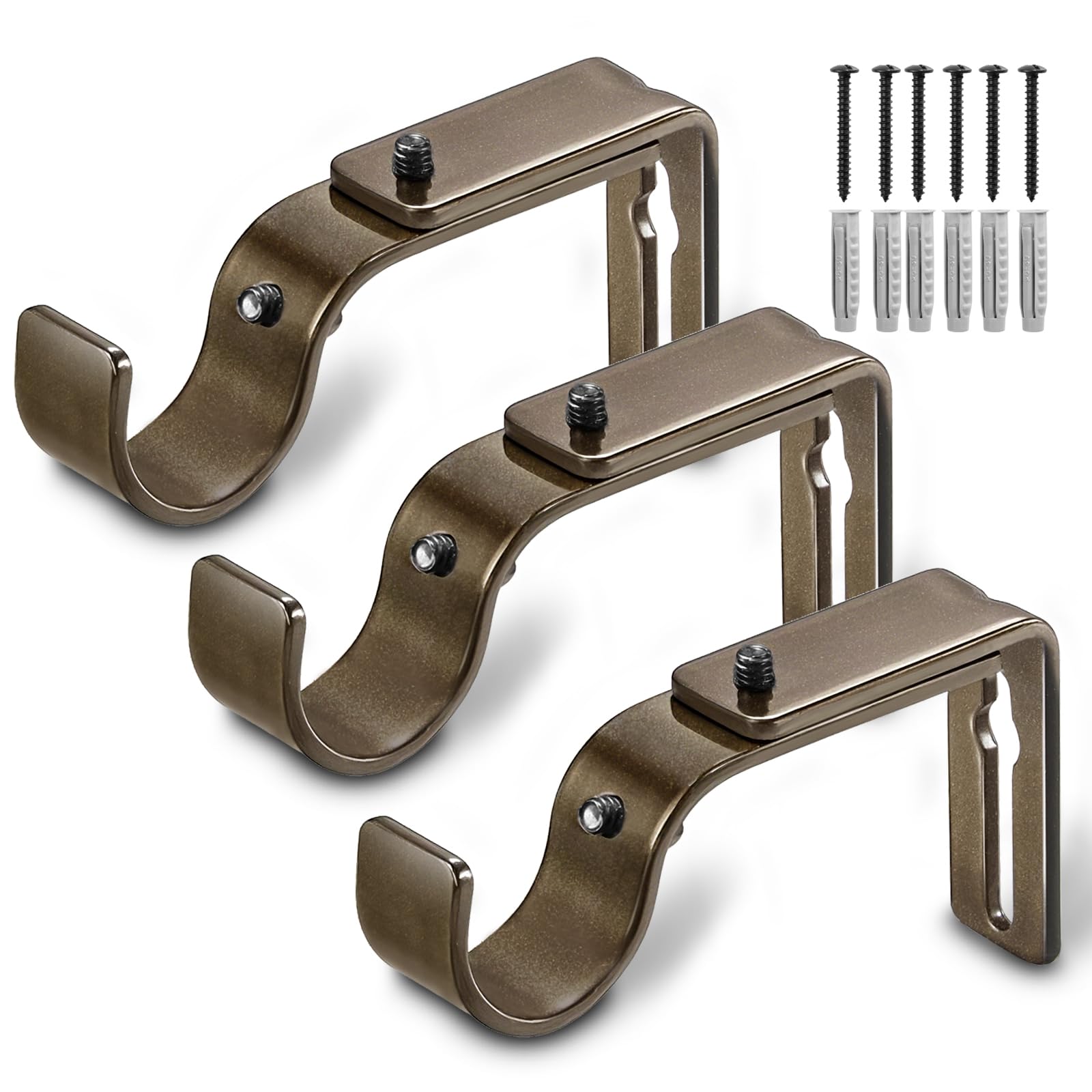 LLPJS Curtain Rod Bracket Adjustable, Drapery Rod Holder Hooks Support Hangers for 1 inch Diameter Window Curtain Rods (Brown, 3-Pack)