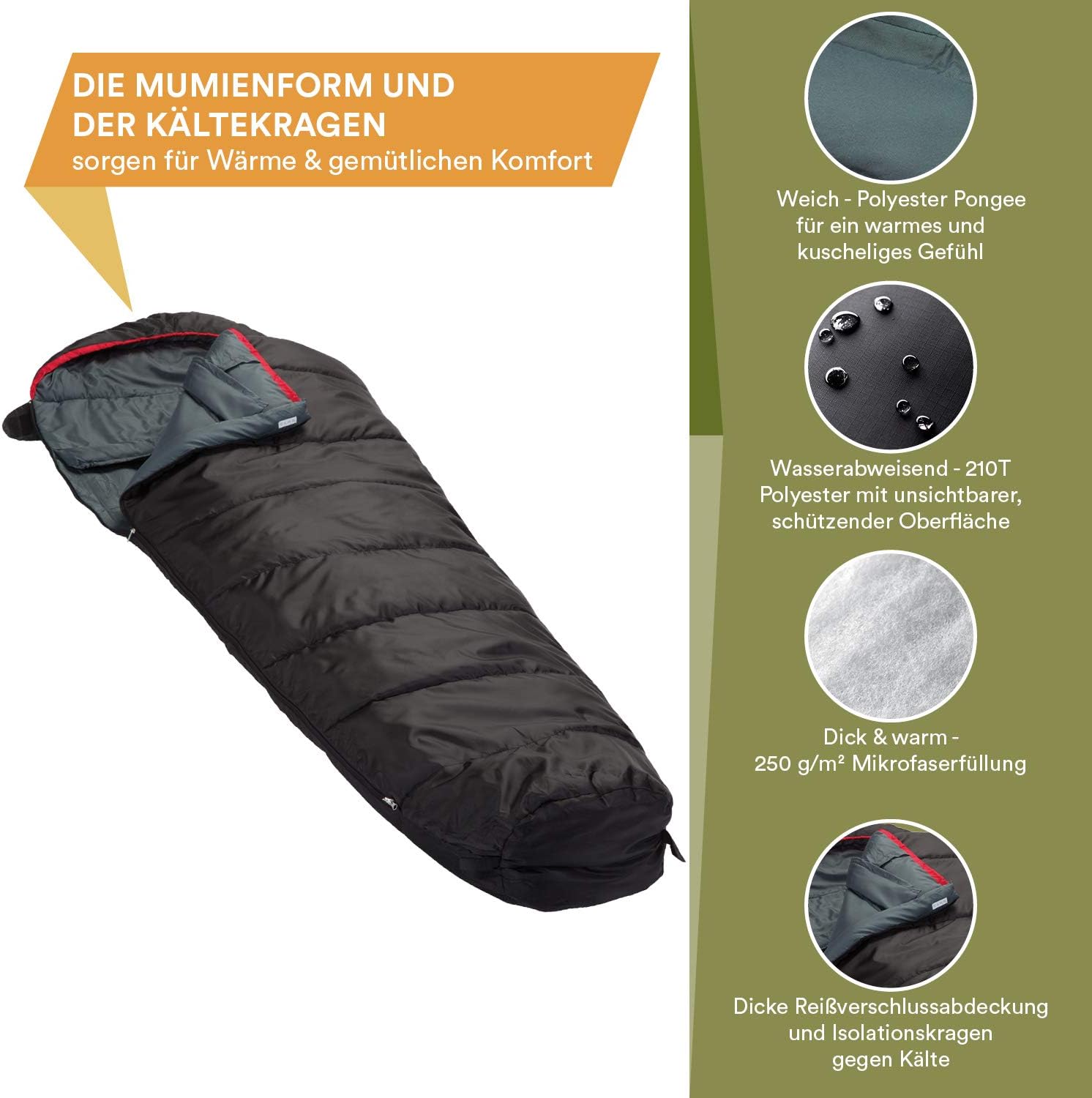 Skandika Alaska Large Sleeping Bag (Left Zip) - Black/Grey, 220x80cm, 220x80 cm - Image 3