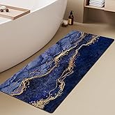 Azppsad Extra Long Bath Rug, Blue Marble and Golden Veins Decor Non Slip Bath Runner Rug with Rubber Backing, Thin Absorbent Quick Dry Bath Mats for Bathtub Bathroom Kitchen, 15.7x47.2 inch