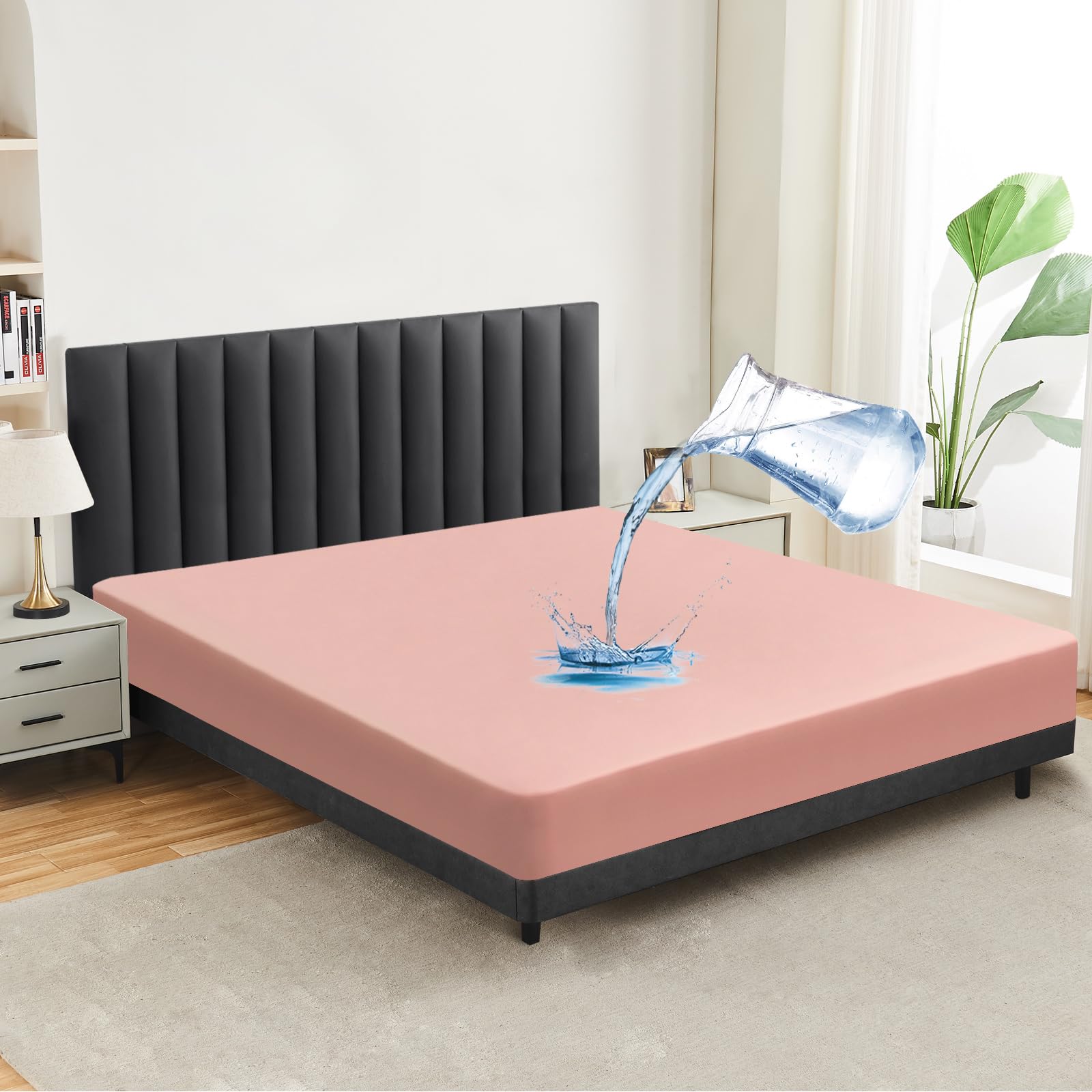 mafudoxi Waterproof Mattress Protector, Fitted Sheet, 12in/30cm Deep Pocket, Ultra Soft Smooth and Wrinkle-Resistant, Easy Care Breathable Bed Sheets (200×200, Pink)