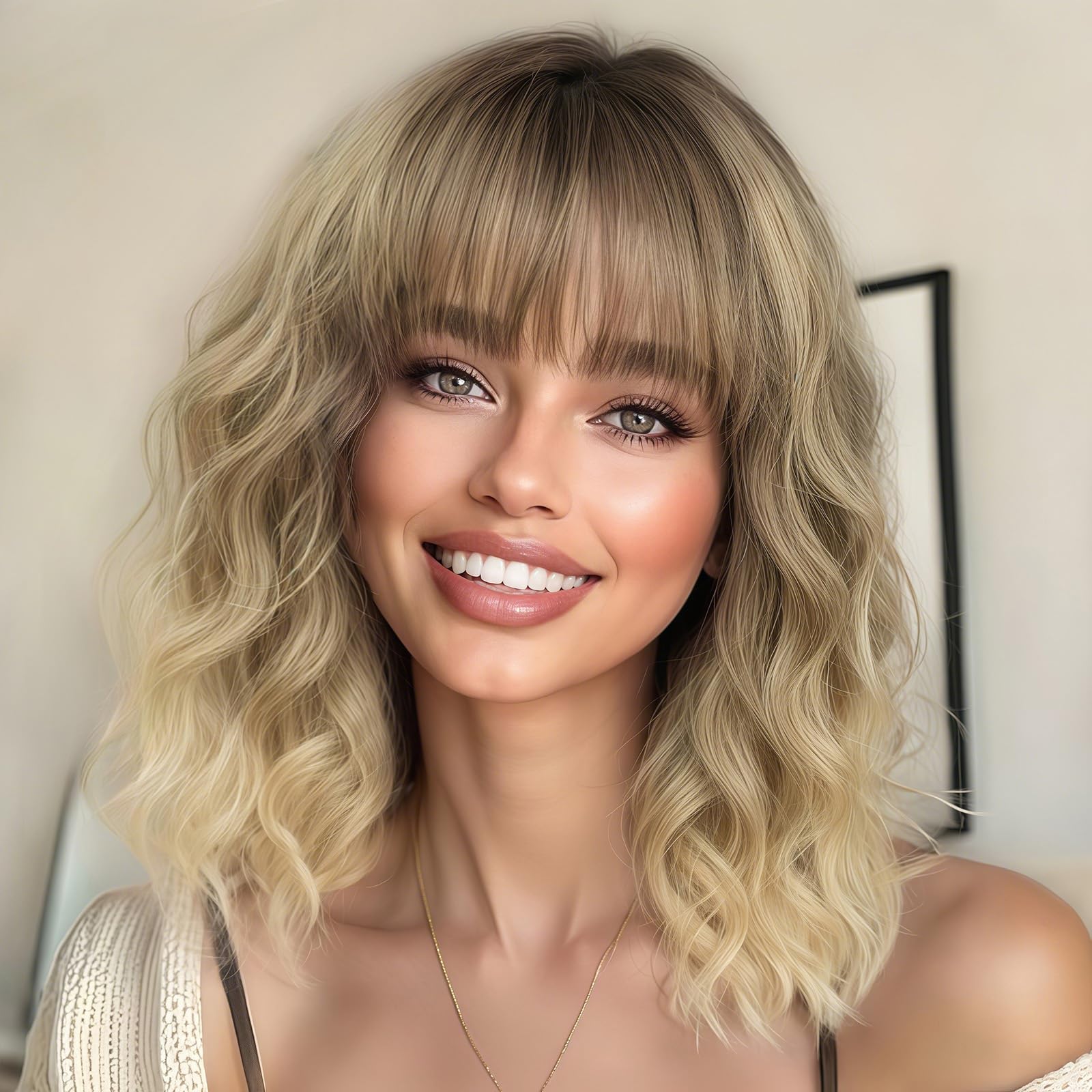 Photo 1 of AISI HAIR Curly Bob Wig with Bangs Ombre Blonde Color Short Wavy Wigs for Women Bob Style Synthetic Heat Resistant Bob Wigs