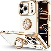 Hython for iPhone 17 Pro Case with Ring Stand, 360° Rotatable Ring Holder Magnetic Kickstand, Plating Rose Gold Edge Soft Cover Protective Phone Case for iPhone 17 Pro 6.3", White
