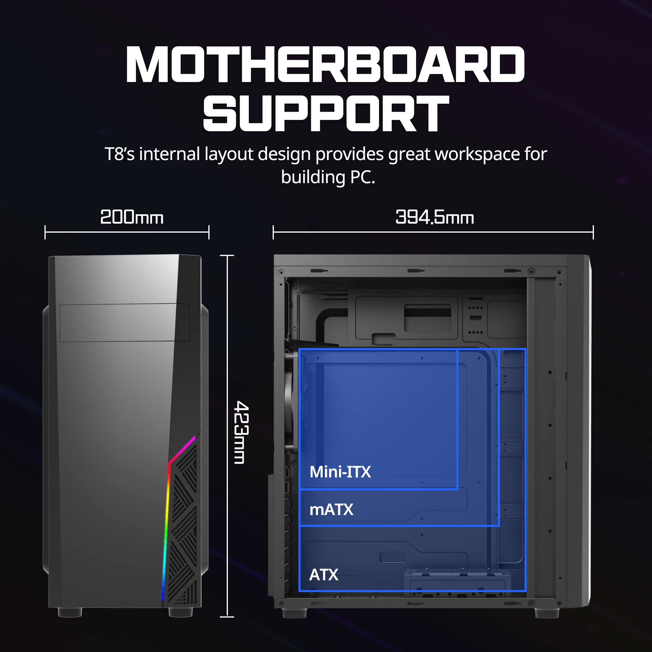 Zalman T8 Mid-Tower ATX PC Case – Spectrum RGB Lighting Strip with Control Button, 5.25” ODD Support, USB 3.0, Preinstalled 120mm Rear Fan