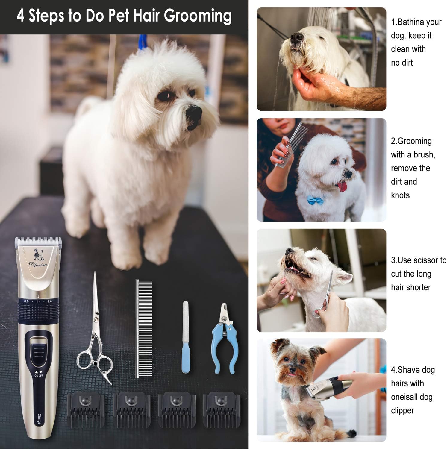 DIFUNINA Quiet Rechargeable Dogs Clippers Grooming Trimming Kit Set with Long Life Battery Use and Portable Vevet Pouch for Free for Small Middle Large Dogs and Cats Pets - Gold