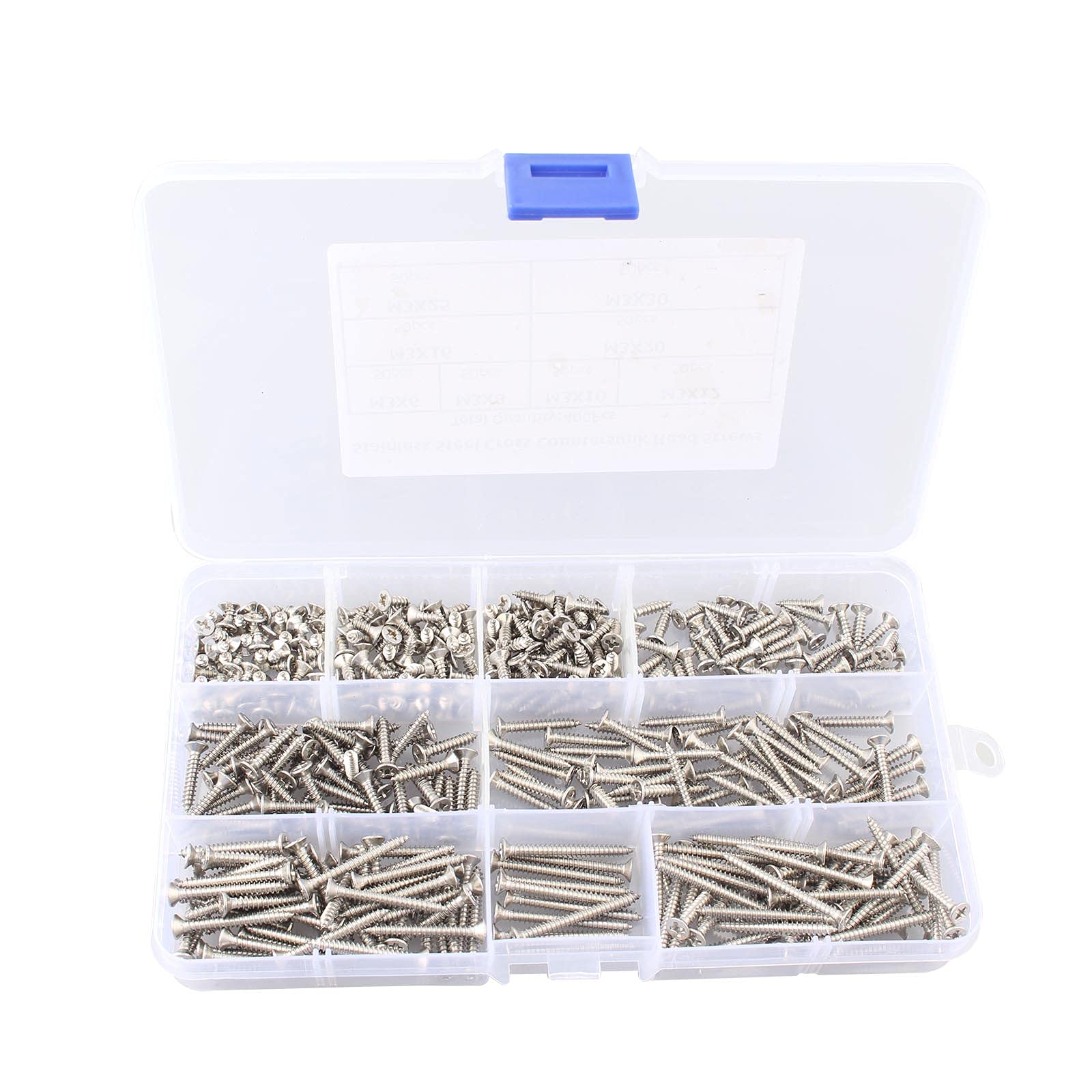 HALJIA 400PCS M3 Flat Head Self-Tapping Screws Assortment Kit, 304 Stainless Steel Cross Drive Countersunk Head Tapping Screws Set with Storage Box for Woodworking (M3 × 6 8 10 12 16 20 25 30 mm)
